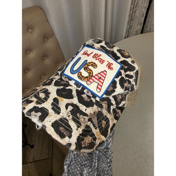 Leopard Print God Bless The USA Distressed Trucker Hat With Mesh Back - Picture 7 of 11